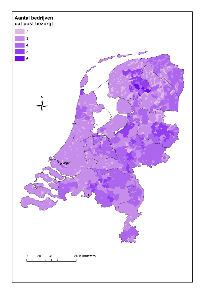 plattegrond Nederland aantal bedrijven dat post bezorgt per regio
